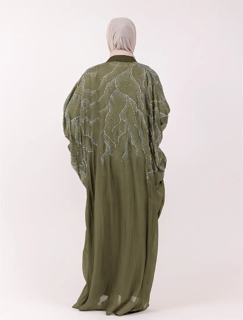 Olive Crystal Embellished Sheer Overlay Abaya